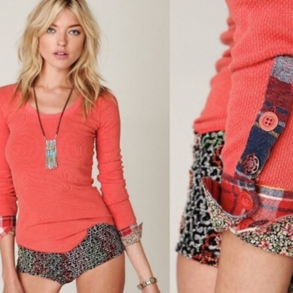 Free People: Orange Thermal Shirt with Plaid and Floral Cuffs in Size S